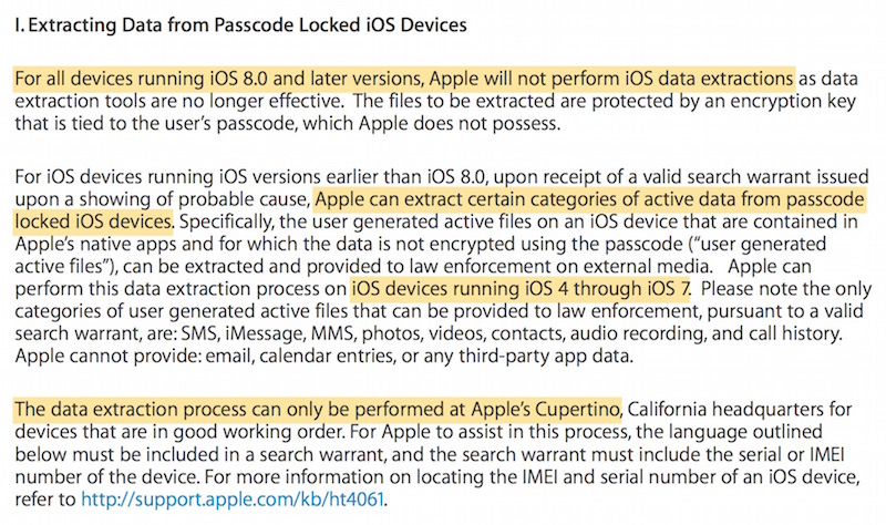 Specifiche Apple sull'estrazione dati da iOS protetto da PIN