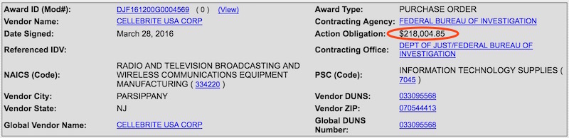 DJF161200G0004569 Cellebrite FBI Purchase Order