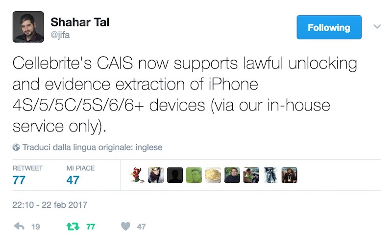 Messaggio Twitter di Shahar Tal con annuncio sblocco PIN di iPhone 6 plus
