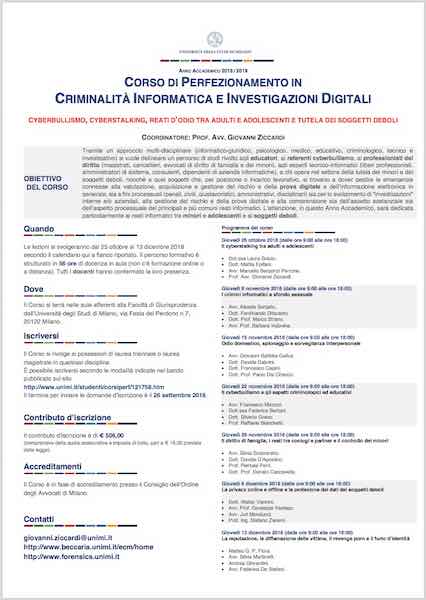 Locandina del Corso di Perfezionamento in Criminalità Informatica e Investigazioni Digitali a Milano