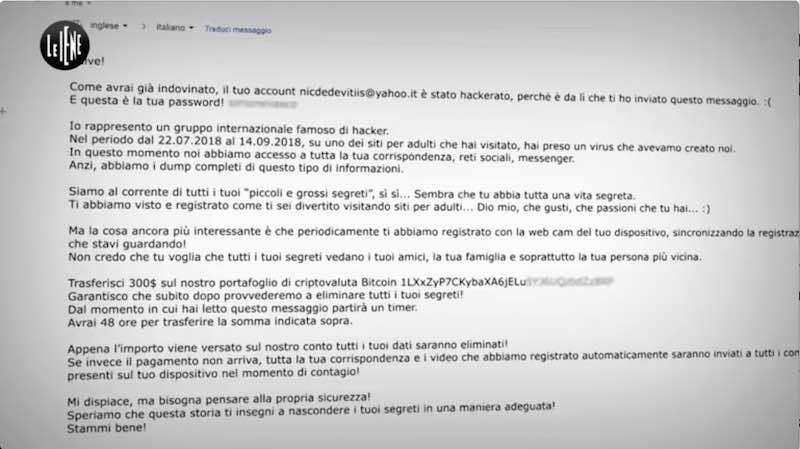 Email con truffa estorsione ricatto in bitcoin