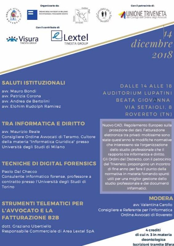 Convegno Ordine Avvocati a Rovereto su Diritto, Informatica Forense e Fatturazione Elettronica