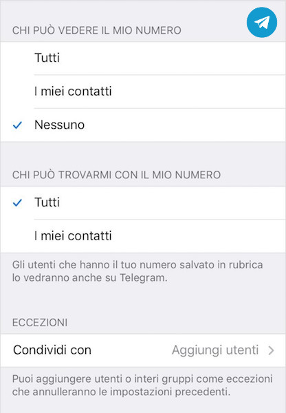 Come nascondere il numero di telefono ai contatti Telegram