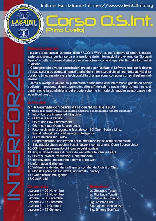 Corso OSINT di I Livello organizzato da Lab4Int