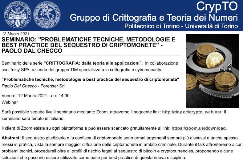 Politecnico di Torino e Telsy - Sequestro di Criptomonete e Bitcoin