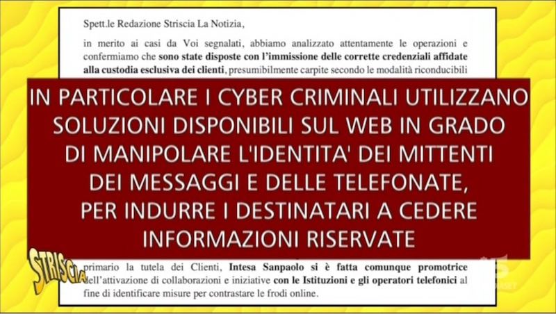 Spiegazione fornita da Intesa San Paolo a Striscia La Notizia delle truffe tramite telefonate o sms fraudolenti.