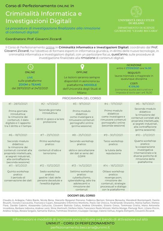 Corso Perfezionamento Università di Milano su Criminalità Informatica e Investigazioni Digitali