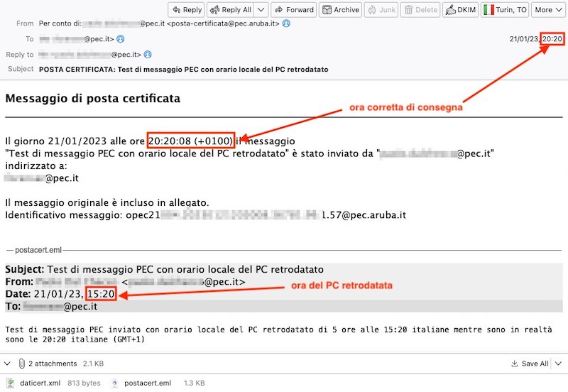 Invio messaggio di posta elettronica certificata PEC con data od ora retrodatata