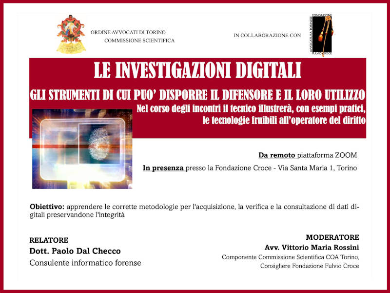 Ciclo di Seminari sulle Investigazioni Digitali per l'Ordine degli Avvocati di Torino