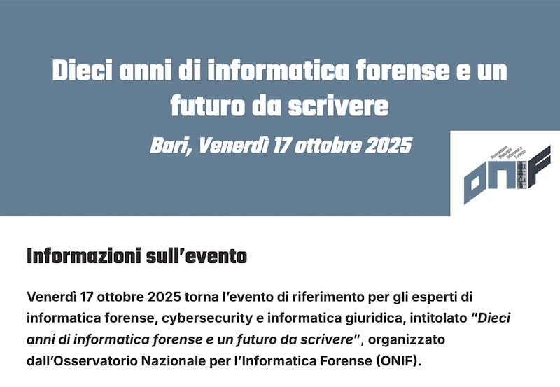 Convegno ONIF 2025 su Informatica Forense a Bari