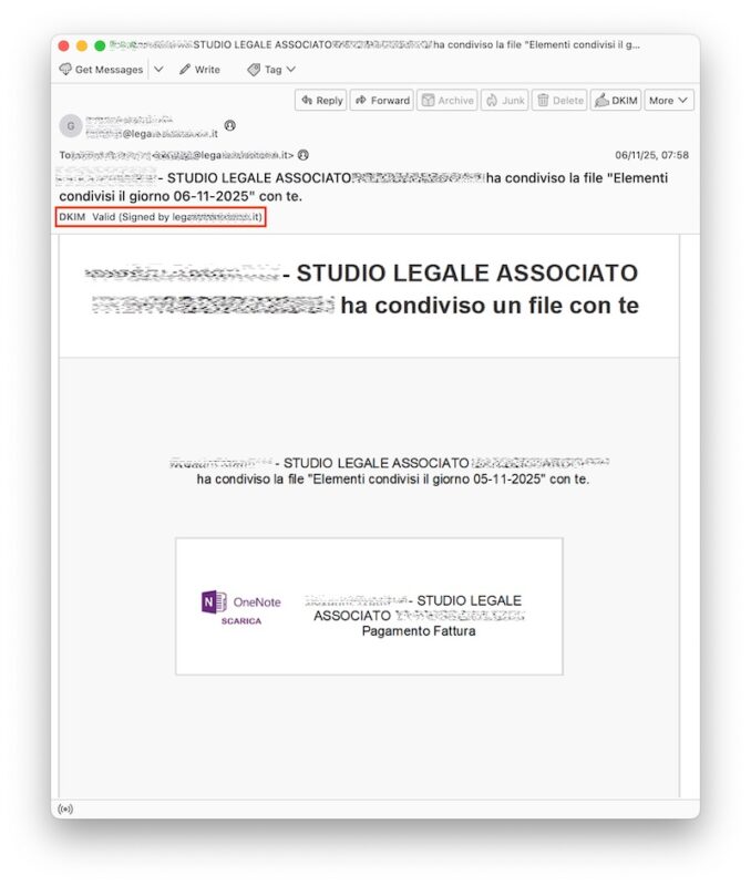 Email di phishing che arriva agli avvocati con un documento condiviso da aprire su OneNote