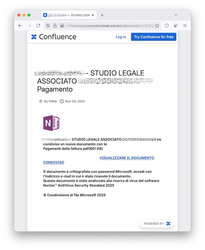 Phishing ad avvocati e studi legali tramite falsa fattura condivisa su OneNote