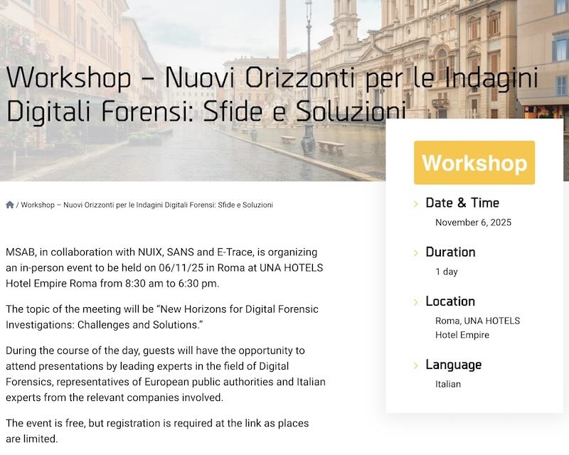 Workshop sulle indagini digitali forensi per MSAB a Roma - Novembre 2025