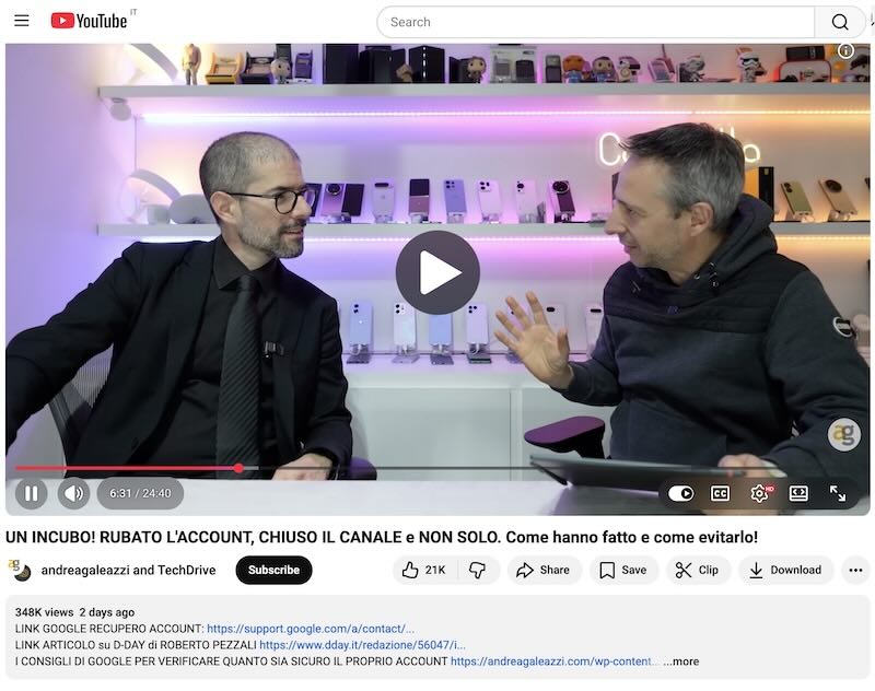 Paolo Dal Checco con Andrea Galeazzi su Youtube per parlare del canale e account Google hackerato