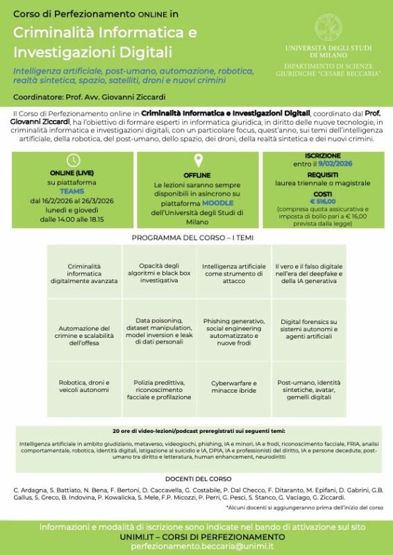 Corso di Perfezionamento in Criminalità Informatica e Investigazioni Digitali dell'Università degli Studi di Milano